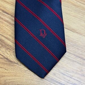 Vintage Dior Men's Tie with Navy and Red Stripes